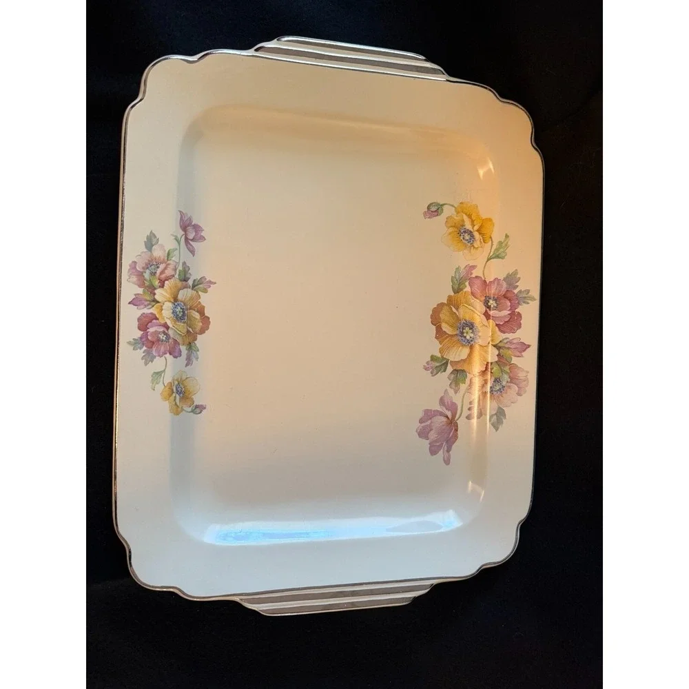 Wells Homer Laughlin‎ 13 x 10 PLATTER Century Shape Yellow Pink Flowers Art Deco